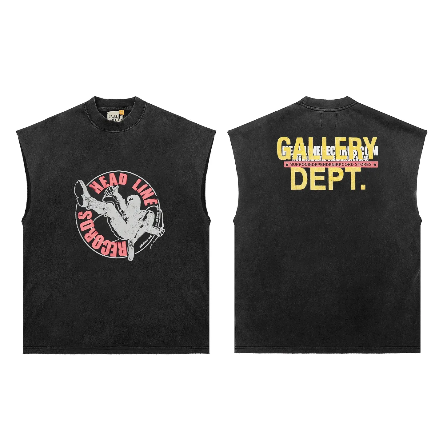 pt #G1009 P116 GALLERY DEPT. Old and frayed sleeveless waistcoat short sleeves. Astronaut prints on the front and back. Made of 280G double yarn pure cotton. The fabric is comfortable and stylish. After washing and distressing, the upper body becomes more fashionable and cool. The collar and hem are frayed. The design is full. The US version is too large. Color: washed black. Size S/M/L/XL